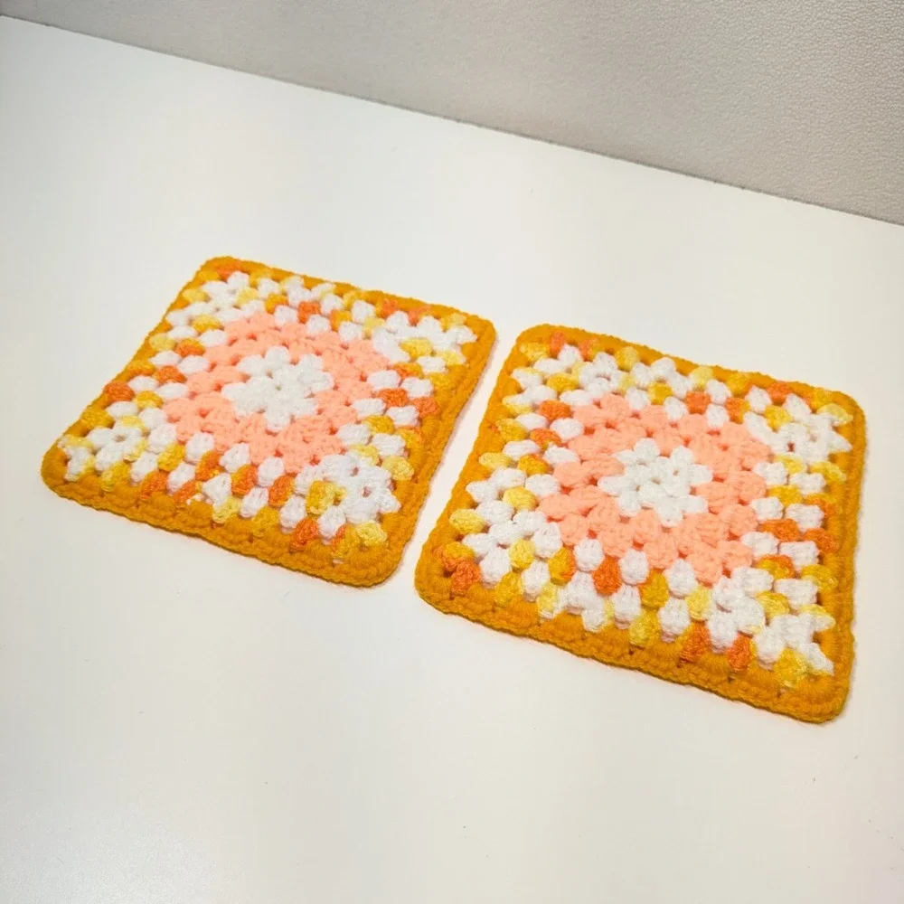 Retro Crochet Granny Square Potholders Set 2 Orange Peach 70s Kitchen Hot Pads